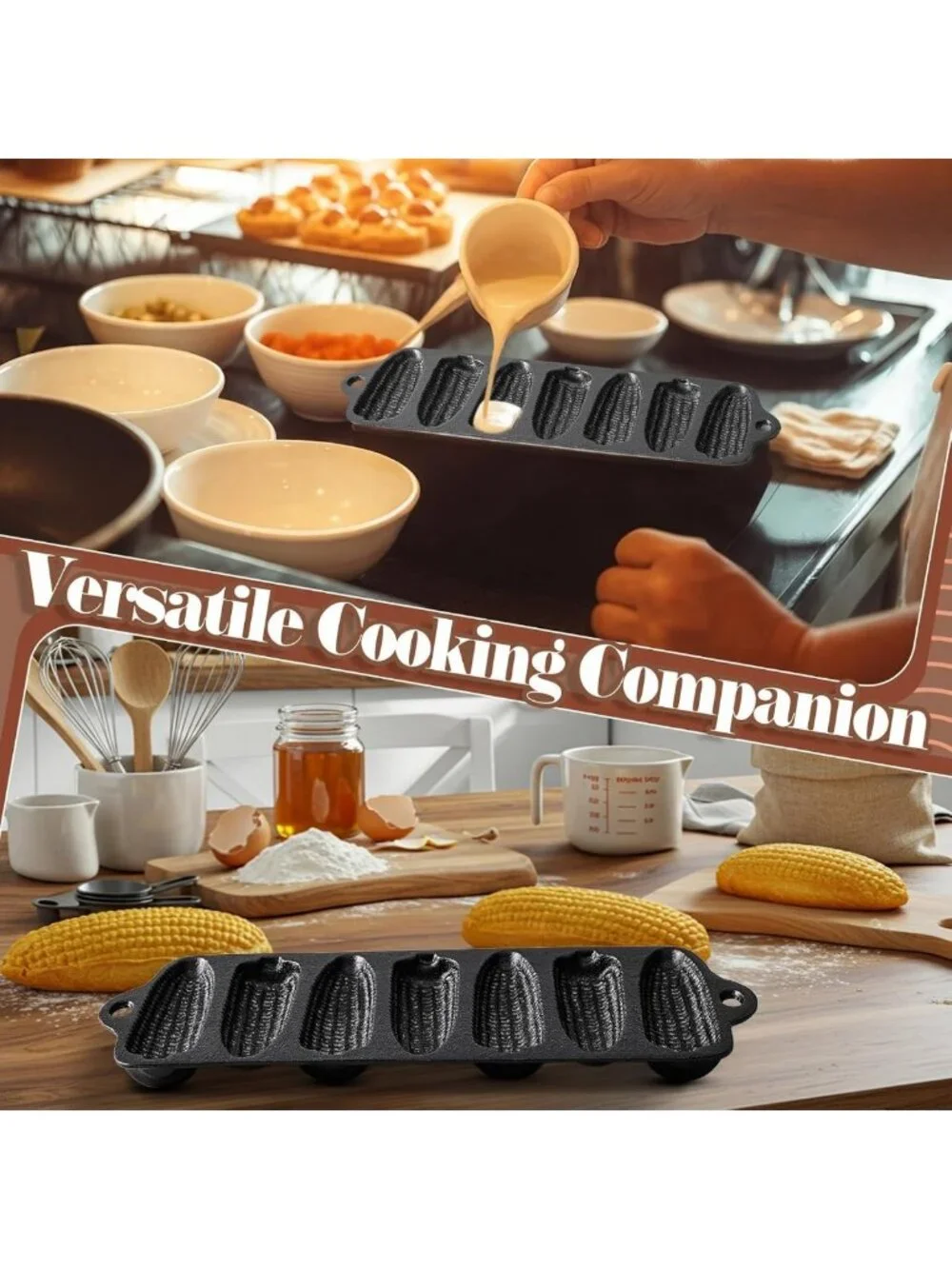 Cast Iron Corn Stick Pan with 7 Molds - Perfect for Cornbread, Cakes & Corndogs